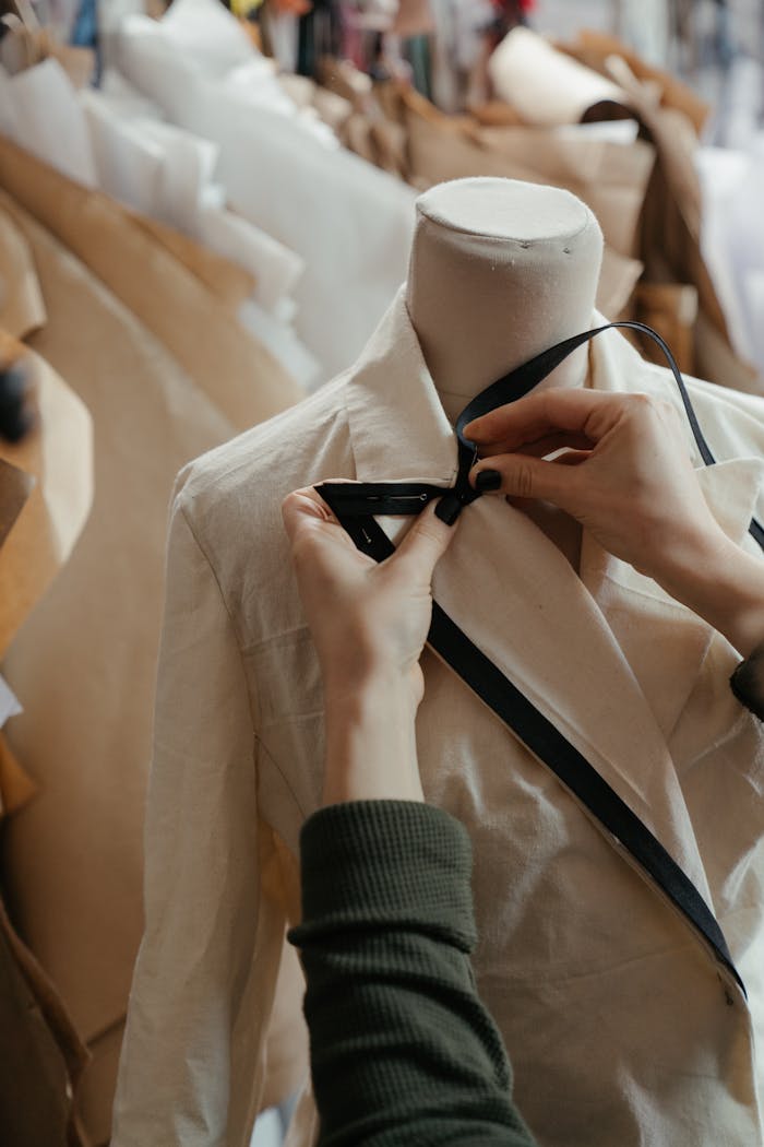 Close-up of tailor adjusting a garment on a mannequin, symbolizing fashion design in a creative studio.